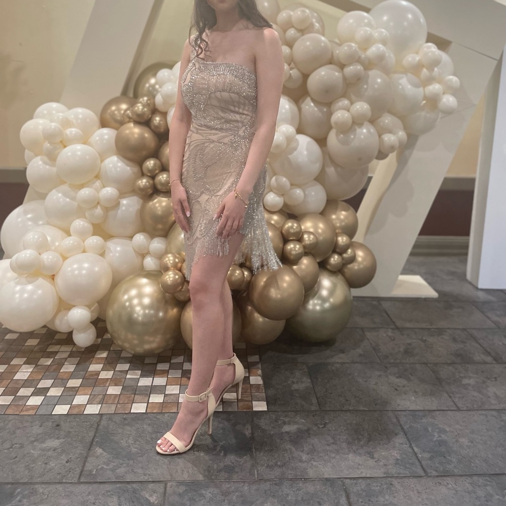 LARA Tan Bodycon Dress with Slit and Spaghetti Straps